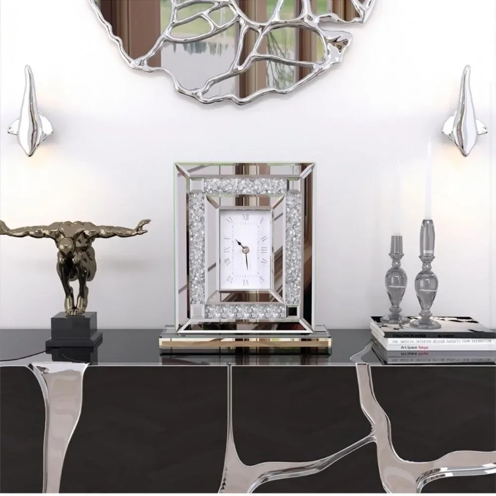 Clock Hollywood Glam Crystal Crush Diamond Mirrored 11.5” Tall 10” Base Quartz